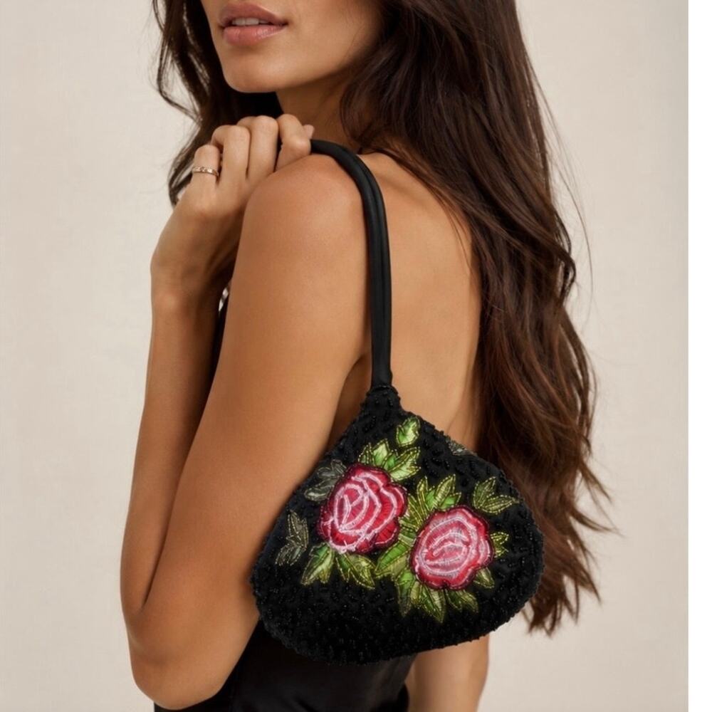 Black Beaded Satin Wristlet Purse Embroidered Rose Floral Evening Clutch Bag